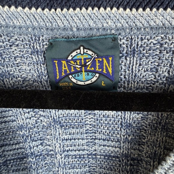 Vtg Jantzen Mens Blue Cable Knit V-Neck Sweater Made in USA Large Striped Trim - Picture 2 of 5